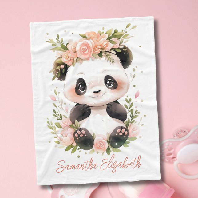 Cobertor De Velo Presente de Bebê Panda Rosa Floral para Menina (Baby Panda Bear with Pink Flowers Baby Blanket. Personalize it with her name. Available in 3 sizes)
