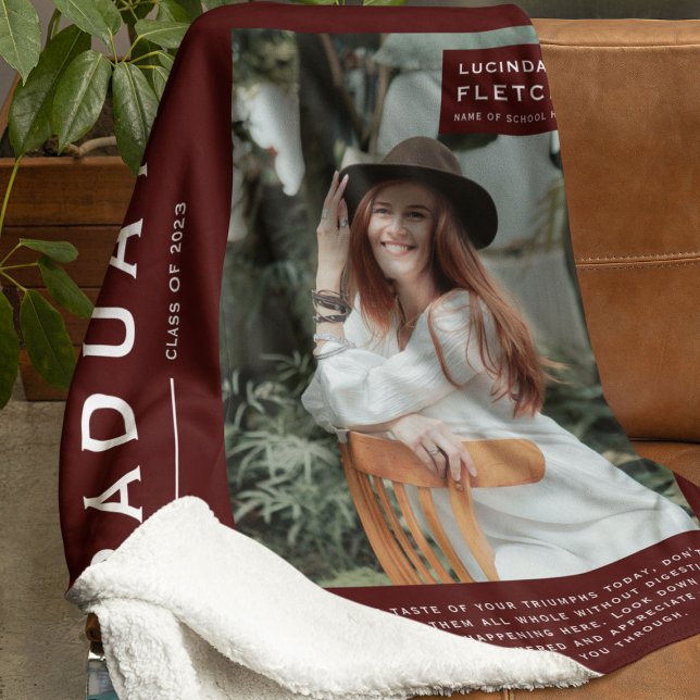 Cobertor De Velo Presente de Formatura com Foto & Citação Burgundy  (Criador carregado)
