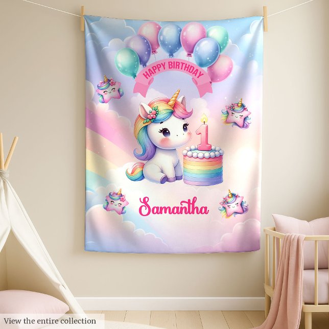 Cobertor De Velo Presente de primeiro aniversario Pastel Unicorn Bl (Pastel Unicorn Blanket Girl 1st Birthday Gift)