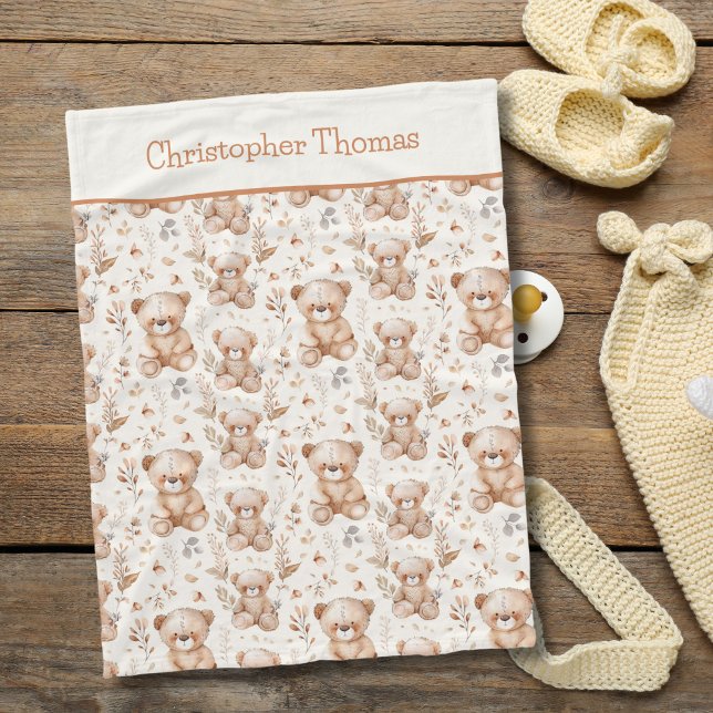 Cobertor De Velo Presente Personalizado de Ursos Marrons para Bebê  (Personalized Brown Bears Baby Blanket. Baby shower gift, new baby boy gift.)