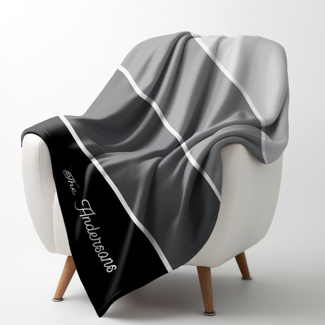 Cobertor De Velo Preto e Cinza | Rascunhos com Script (A modern, stylish blanket with neutral black and gray stripes and a spot for your name)