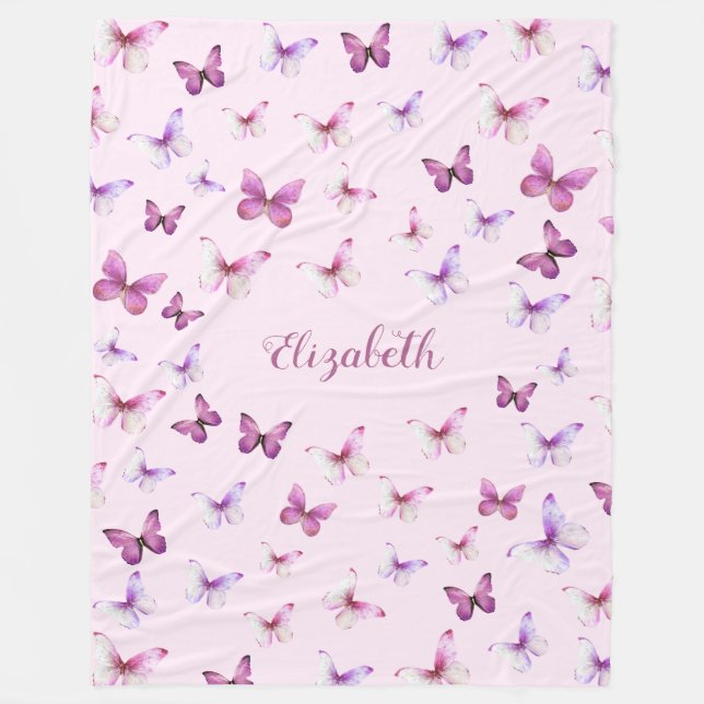 Cobertor De Velo Pretty Pink Butterflies Custom Name Girl (Frente)