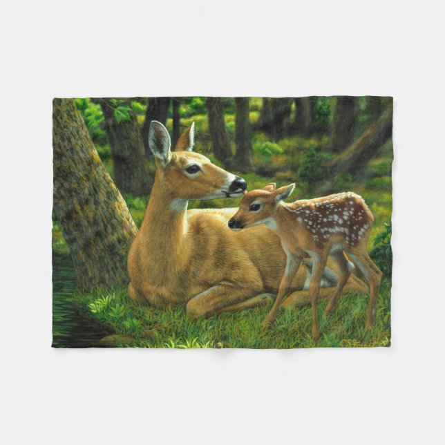 Cobertor De Velo Primavera Whitetail Fawn e Madre Deer (Frente (Horizontal))