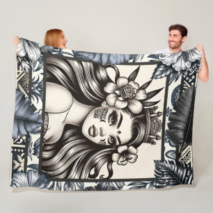 Cobertor De Velo Princesa Polinésia Floral Tribal Azul