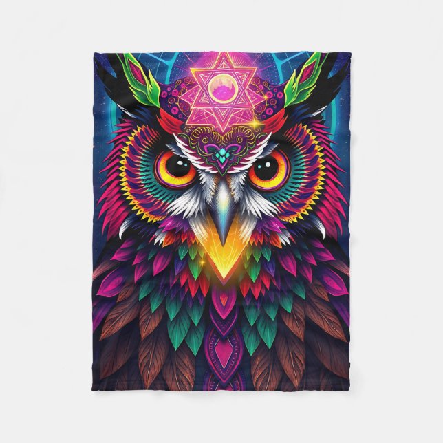 Cobertor De Velo Psychedelic Owl: Neon Mandala Art (Frente)