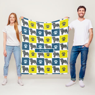 Cobertor De Velo Pug Pet Dog & Paw Print Yellow Grid Silhout