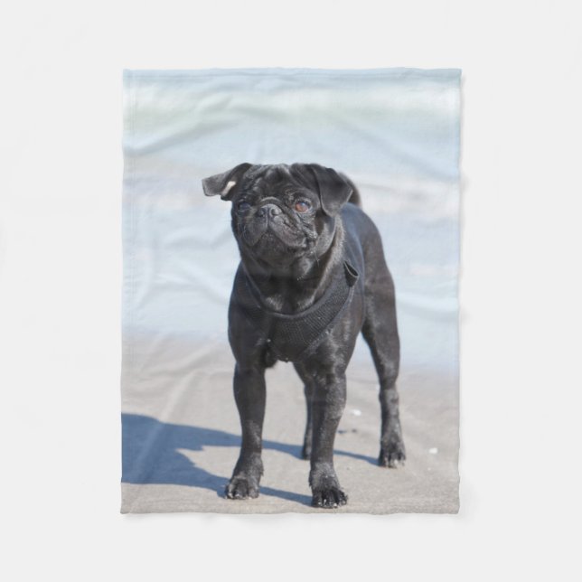 Cobertor De Velo Pug preto que está na praia (Frente)