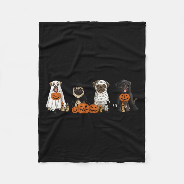 Cobertor De Velo Pugs Dog Lovers - Pug Ghost Pug Witch Pug Hallowee (Frente)