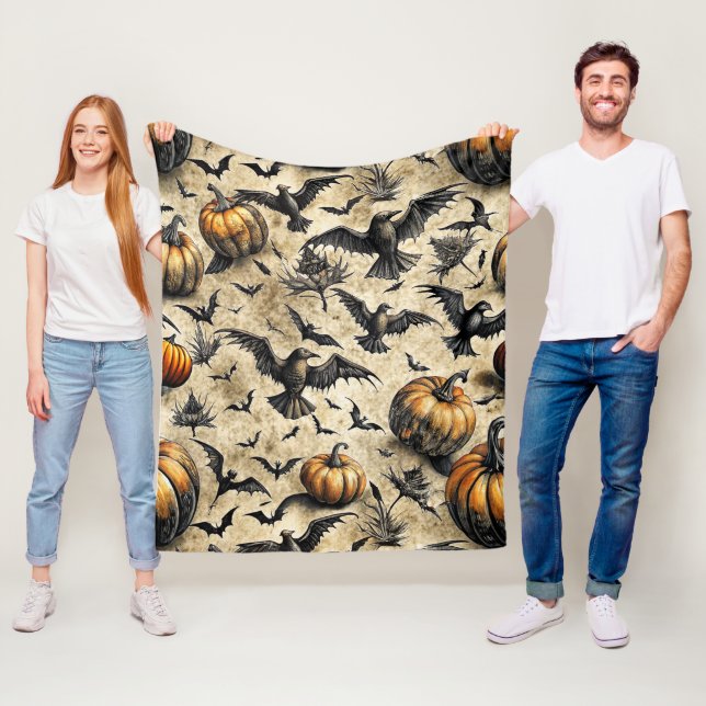 Cobertor De Velo Pumpkins, Crows e Bats Halloween Padrão (2) (In Situ)