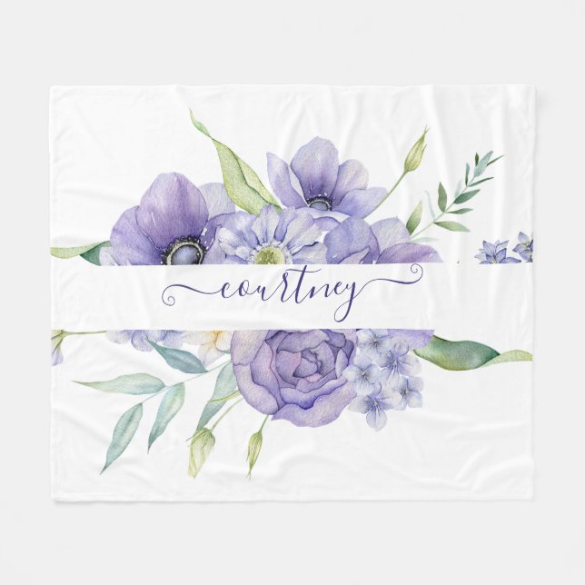 Cobertor De Velo Púrpura aquarela floral personalizada (Frente (Horizontal))