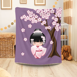 Cobertor De Velo Quimono Rosa Boneca Kokeshi Kawaii no Roxo