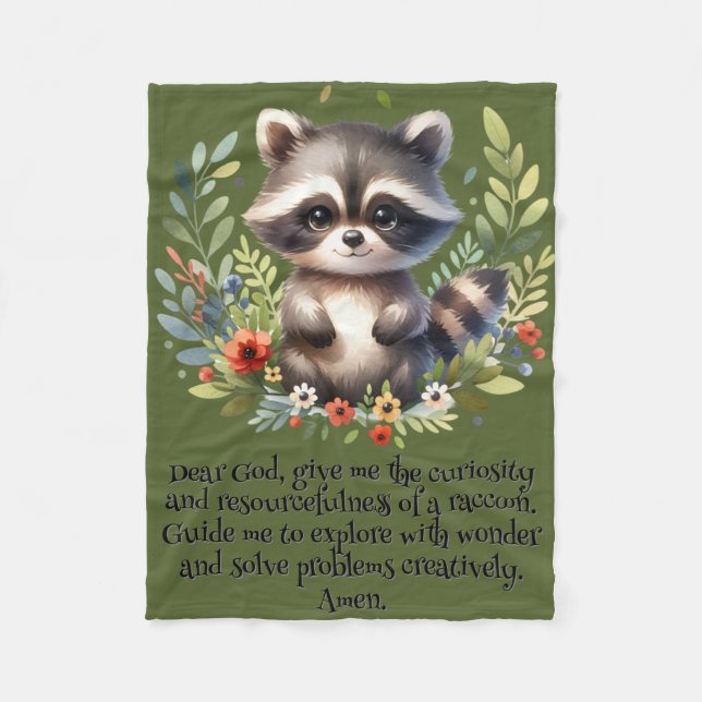 Cobertor De Velo Raccoon Woodland Kids Christian Prayer em Verde | (Frente)