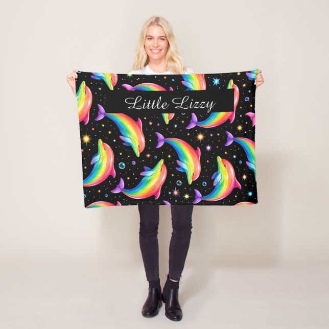 Cobertor De Velo Rainbow Dolphin Fleece Blanket – Kids Custom Name (In Situ)