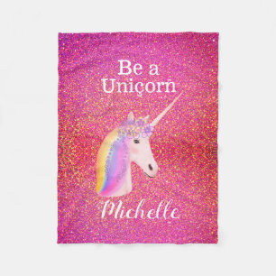 Cobertor De Velo Rainbow Unicorn Pink Glitter Sparkles Personalizad