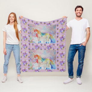 Cobertor De Velo Rainbow Unicorn Roxo Floral Pansor Fleece