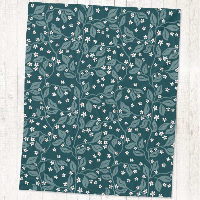 Cobertor De Velo Ramos de Flor de Maçã Impressão Botânica em Bloco  (Apple blossom foliage trailing branches arts and crafts style block print fleece blanket)