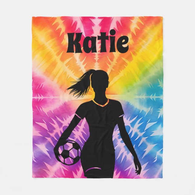 Cobertor De Velo Rapariga de futebol personalizada Tie Dye Rainbow  (Frente)