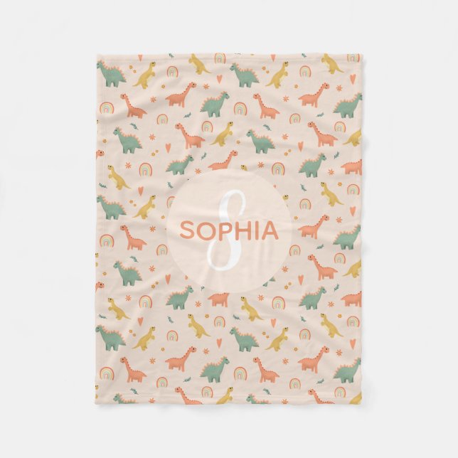 Cobertor De Velo Raparigas Bonitas, Rosa Dinossauras, Monogramas (Frente)