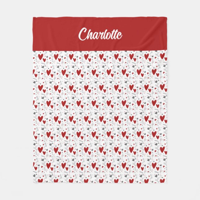 Cobertor De Velo Red Black Doodle Hearts Retro Monogram Name (Frente)