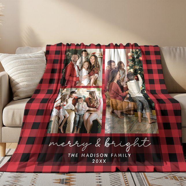 Cobertor De Velo Red Buffalo Plaid Merry & Bright Christmas Photo (Criador carregado)