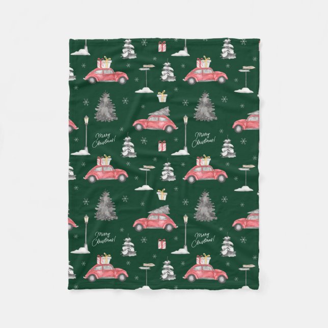 Cobertor De Velo Red Car Winter Patterno Feliz Natal Verde Pequeno (Frente)