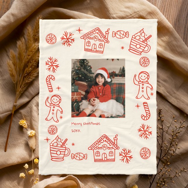 Cobertor De Velo Red Hand Drawn Doodle Whimsical Photo Christmas (Criador carregado)