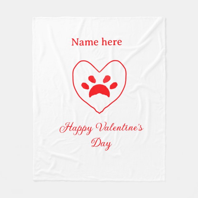 Cobertor De Velo Red heart dog cat paw happy Valentine's day name  (Frente)