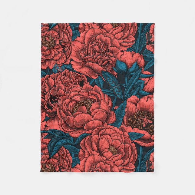 Cobertor De Velo Red peony flowers and moths (Frente)