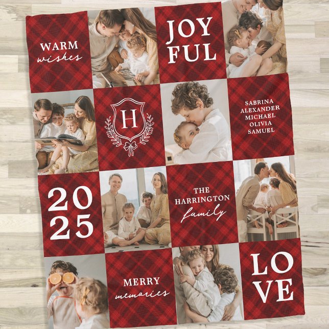 Cobertor De Velo Red Plaid Family Monogram Photo Collage Christmas (Criador carregado)