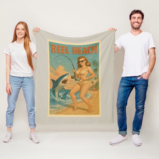 Cobertor De Velo Reel Beach Shark Fishing Pin-Up Retro Coastal Life (In Situ)