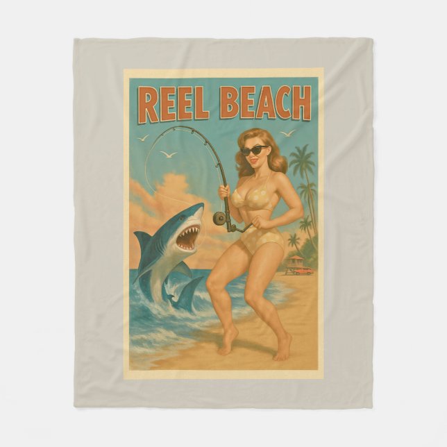 Cobertor De Velo Reel Beach Shark Fishing Pin-Up Retro Coastal Life (Frente)
