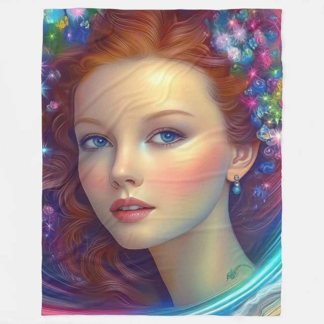 Cobertor De Velo Retrato do Cabelo Arco-Íris Encantado (Frente)