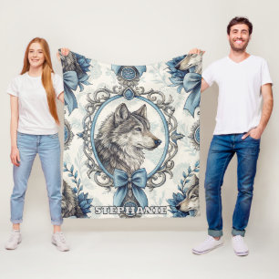 Cobertor De Velo Retrato do Lobo de inverno em azul Ornamentado e q