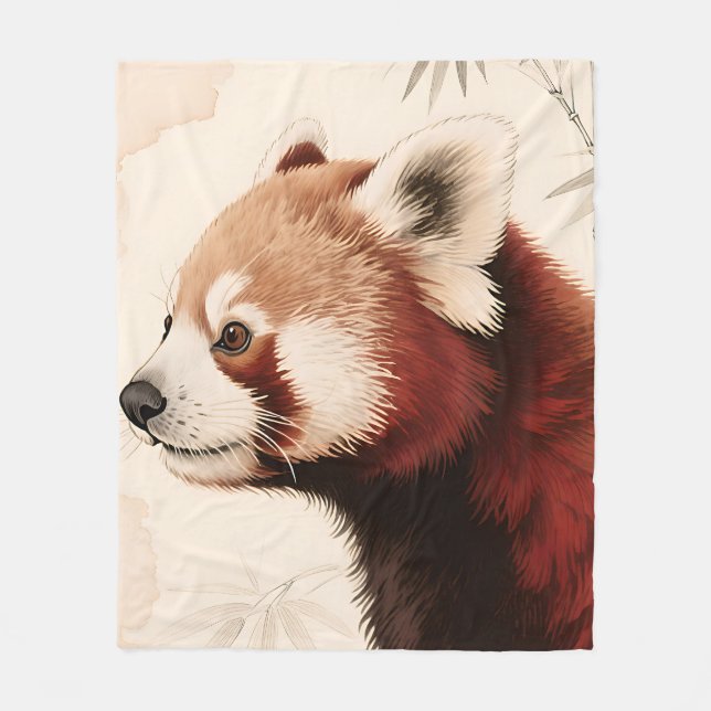 Cobertor De Velo Retrato em Aquarela de Panda Vermelho e Bambu (Frente)