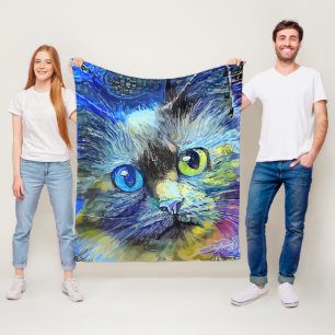 Cobertor De Velo Retrato Impressionista de Gato Azul Amarelo Preto