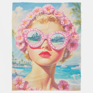 Cobertor De Velo Retro Beach Girl com óculos de sol florais