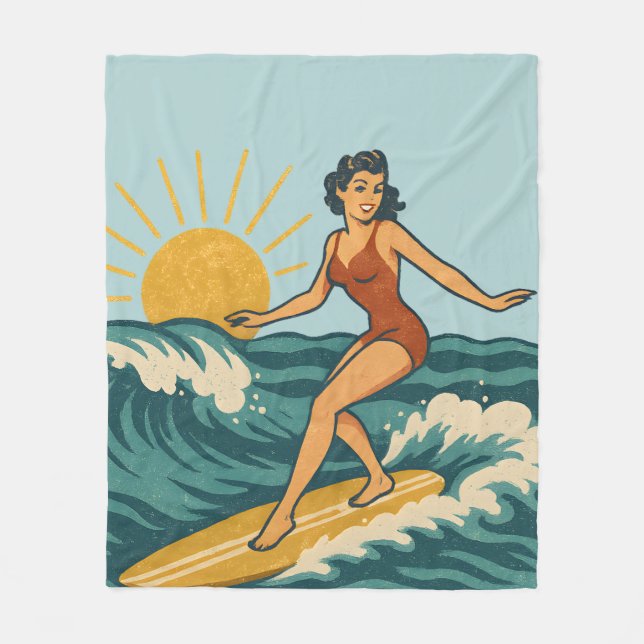 Cobertor De Velo Retro California Pin-Up Surfer Blue Coastal Print (Frente)