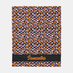 Cobertor De Velo Retro Checkerboard Halloween Ghosts and Pumpkins
