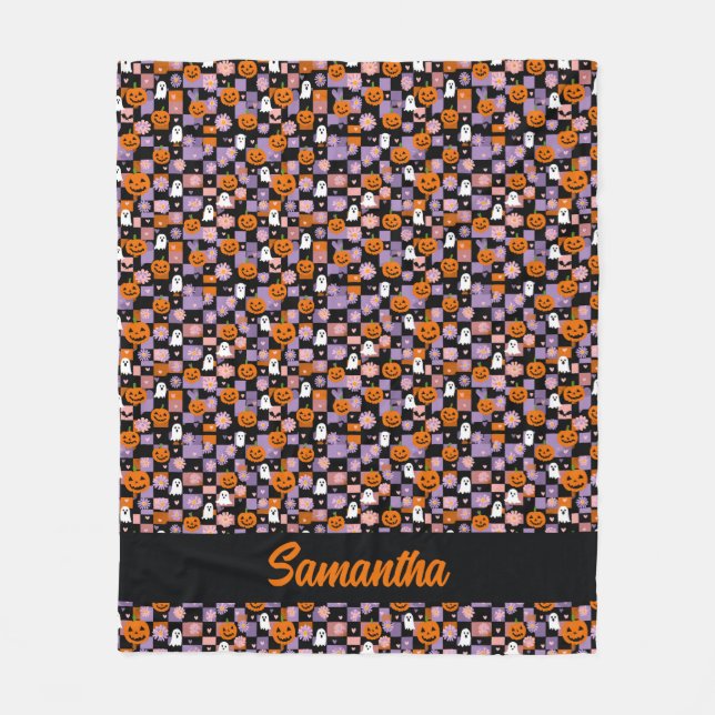Cobertor De Velo Retro Checkerboard Halloween Ghosts and Pumpkins (Frente)