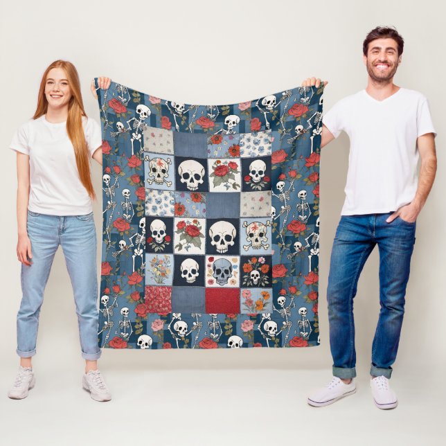 Cobertor De Velo Retro Denim Patchwork with Rosa Skulls Skeletons (In Situ)