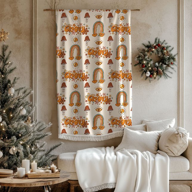 Cobertor De Velo Retro Groovy Pastel Rainbows and Mushrooms Blanket (Retro Groovy Pastel Rainbows and Mushrooms Blanket)