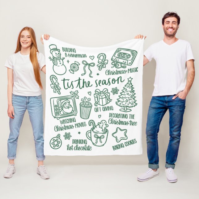 Cobertor De Velo Retro Whimsical Festive Green Christmas Doodles (In Situ)