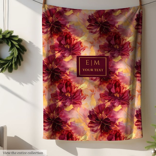 Cobertor De Velo Rico Blush Burgundy Dourado Projeção Personalizada (Fancy Blush Burgundy Gold Floral Custom Throw Fleece Blanket)