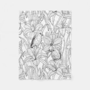 Cobertor De Velo Robins e flores, preto e branco