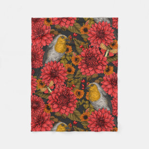 Cobertor De Velo Robins no jardim do outono, dahlias vermelhas em p