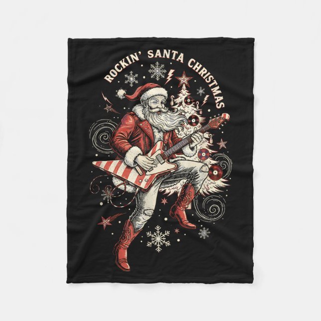 Cobertor De Velo Rockin Santa Playing Guitar Funny Christmas Retro  (Frente)