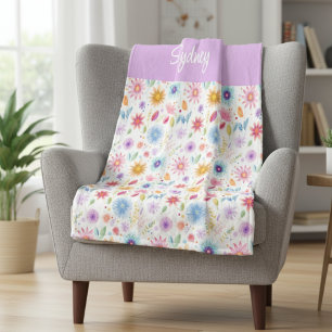 Cobertor De Velo Rosa Azul Roxo Boho Flor Silvestre Personalizado 