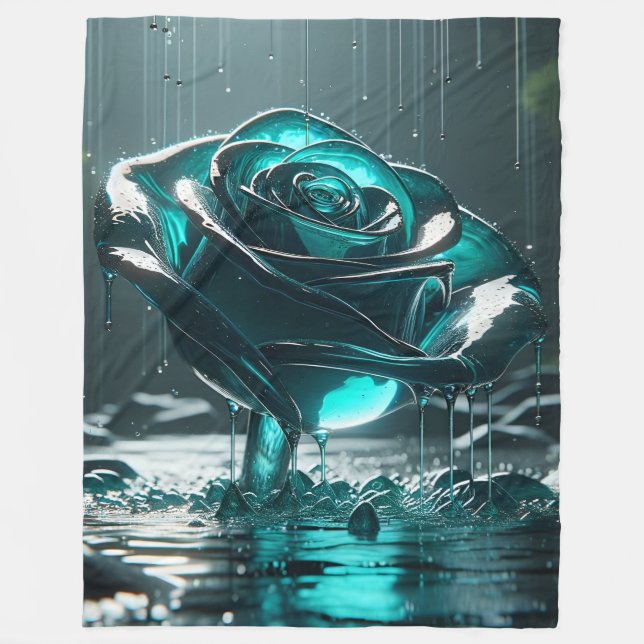 Cobertor De Velo "Rosa de cristal teal com gotas de chuva em queda" (Frente)