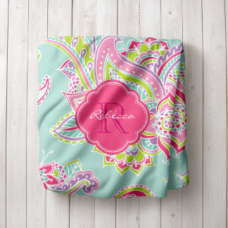Cobertor De Velo Rosa e Mint Boho Paisley Monogramas