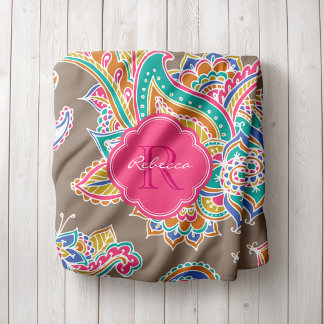 Cobertor De Velo Rosa e Mocha Boho Paisley Monograma